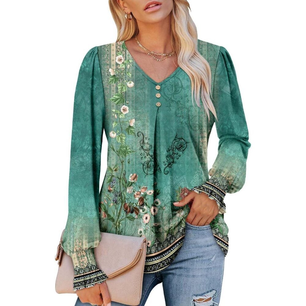 Long Sleeve Women’s Shirt Cotton V Neck Fall Casual Blouse Tunic Top S-3XL - Picture 2 of 4
